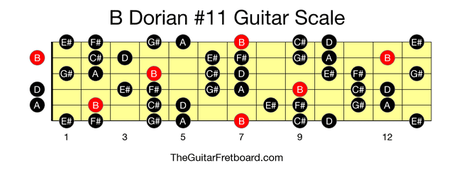 Full guitar fretboard for B Dorian #11 scale