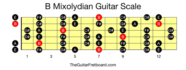 Full guitar fretboard for B Mixolydian scale