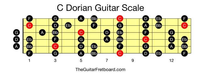 Full guitar fretboard for C Dorian scale