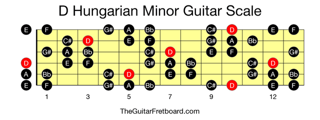 Full guitar fretboard for D Hungarian Minor scale