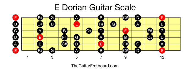 Full guitar fretboard for E Dorian scale
