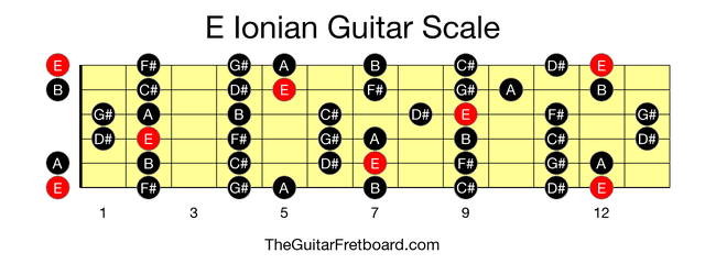 Full guitar fretboard for E Ionian scale