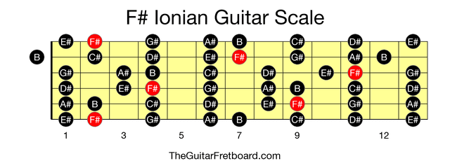 Full guitar fretboard for F# Ionian scale